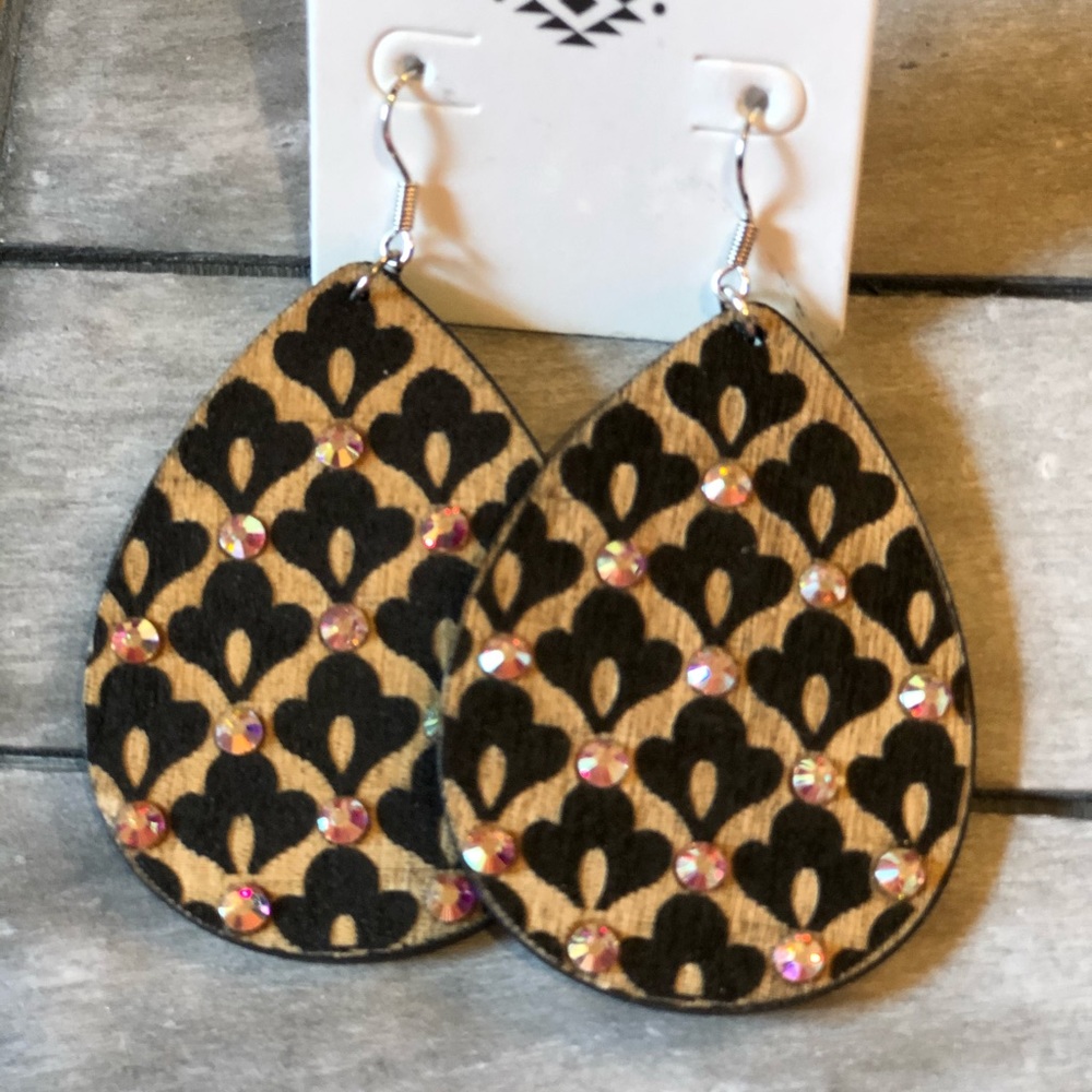 Lightweight wood AB crystal earrings